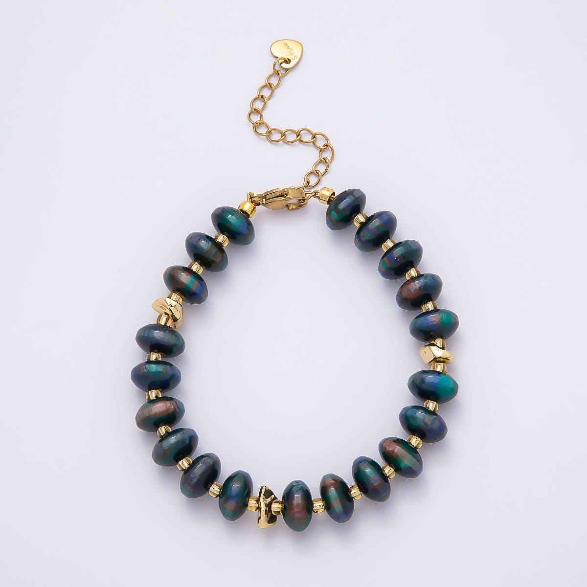 Handmade 10mm Round Flat Rondelle Bead Resin 7.5 Inch Bracelet w/ Extender Gold Earthy Beaded Protection Jewelry Gift | WA-04613