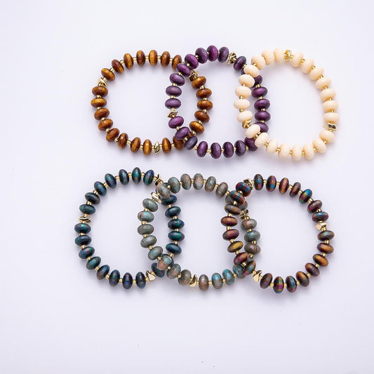 Handmade 10mm Rondelle Resin Bead 8 Inch Stretch Bracelet with Gold Accents Boho Jewelry Fashion Statement Gift for Her | WA-04619