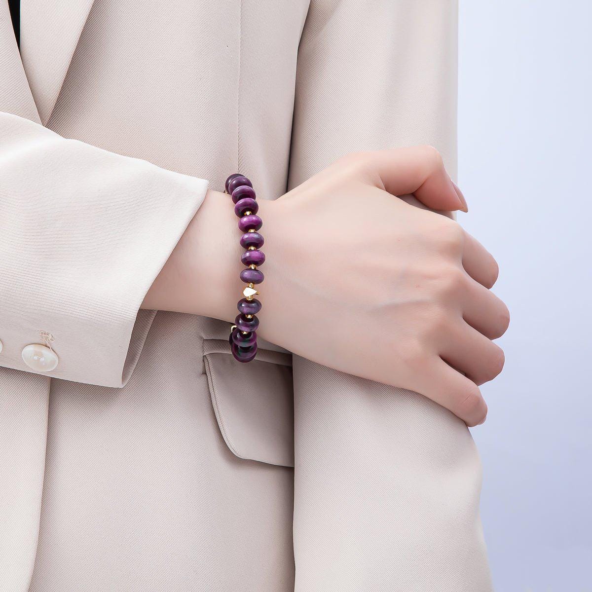 Handmade 10mm Rondelle Resin Bead 8 Inch Stretch Bracelet with Gold Accents Boho Jewelry Fashion Statement Gift for Her | WA-04619