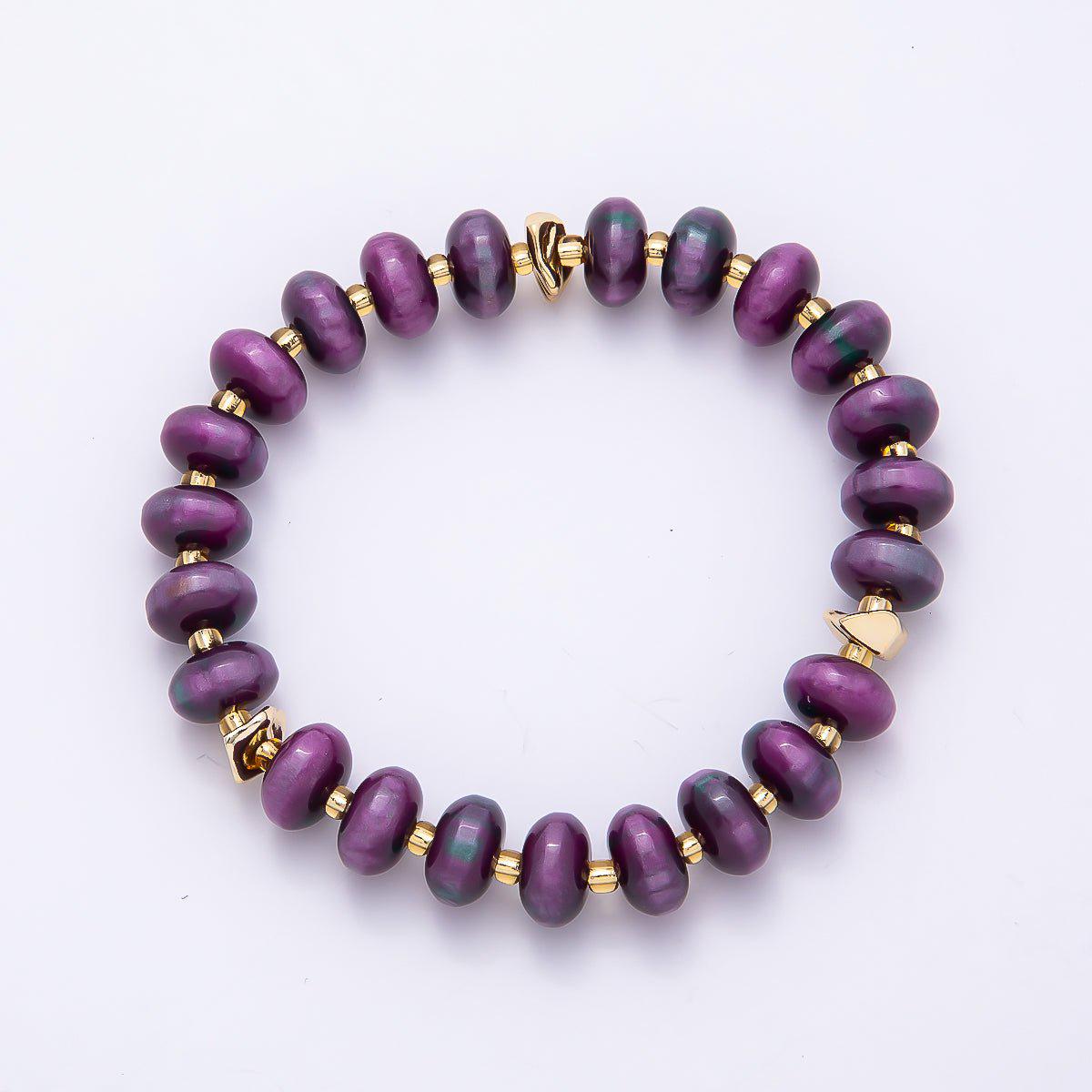 Handmade 10mm Rondelle Resin Bead 8 Inch Stretch Bracelet with Gold Accents Boho Jewelry Fashion Statement Gift for Her | WA-04619