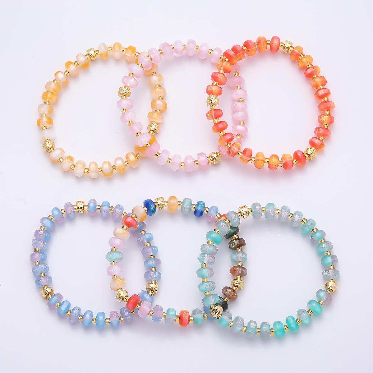 8mm Multicolor, Blue, Yellow, Pink, Orange, Green Glitter Rondelle Bead Resin 7 Inch Stretch Bracelet Shimmer Summer Jewelry | WA-04559