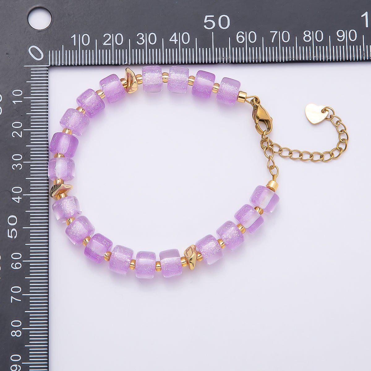 Handmade 8mm Purple, Multicolor, White, Purple, Pink, Blue, Green, Orange Glitter Resin Rondelle Bead 7 Inch Bracelet w. Extender | WA-04573