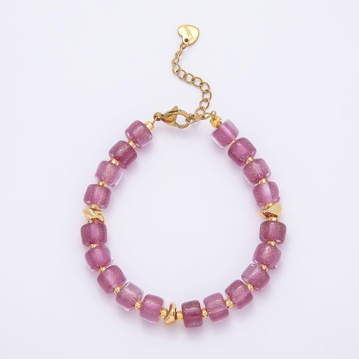 Handmade 8mm Purple, Multicolor, White, Purple, Pink, Blue, Green, Orange Glitter Resin Rondelle Bead 7 Inch Bracelet w. Extender | WA-04573