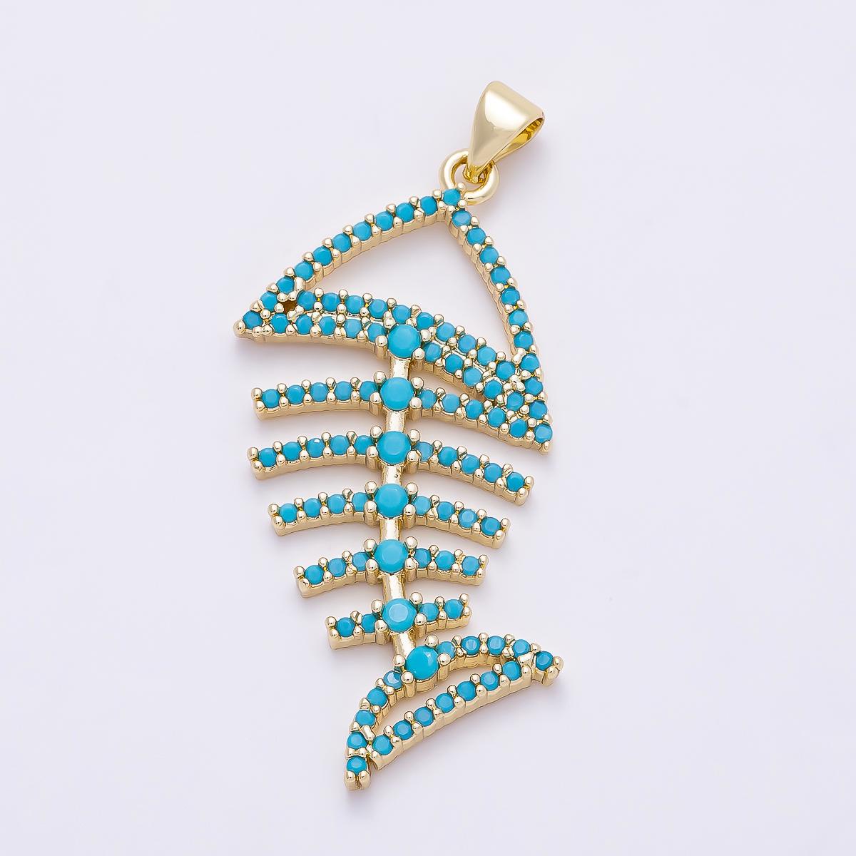 14K Gold fish necklace pendant Turquoise CZ Fish bone charm for statement necklace Charms-1313