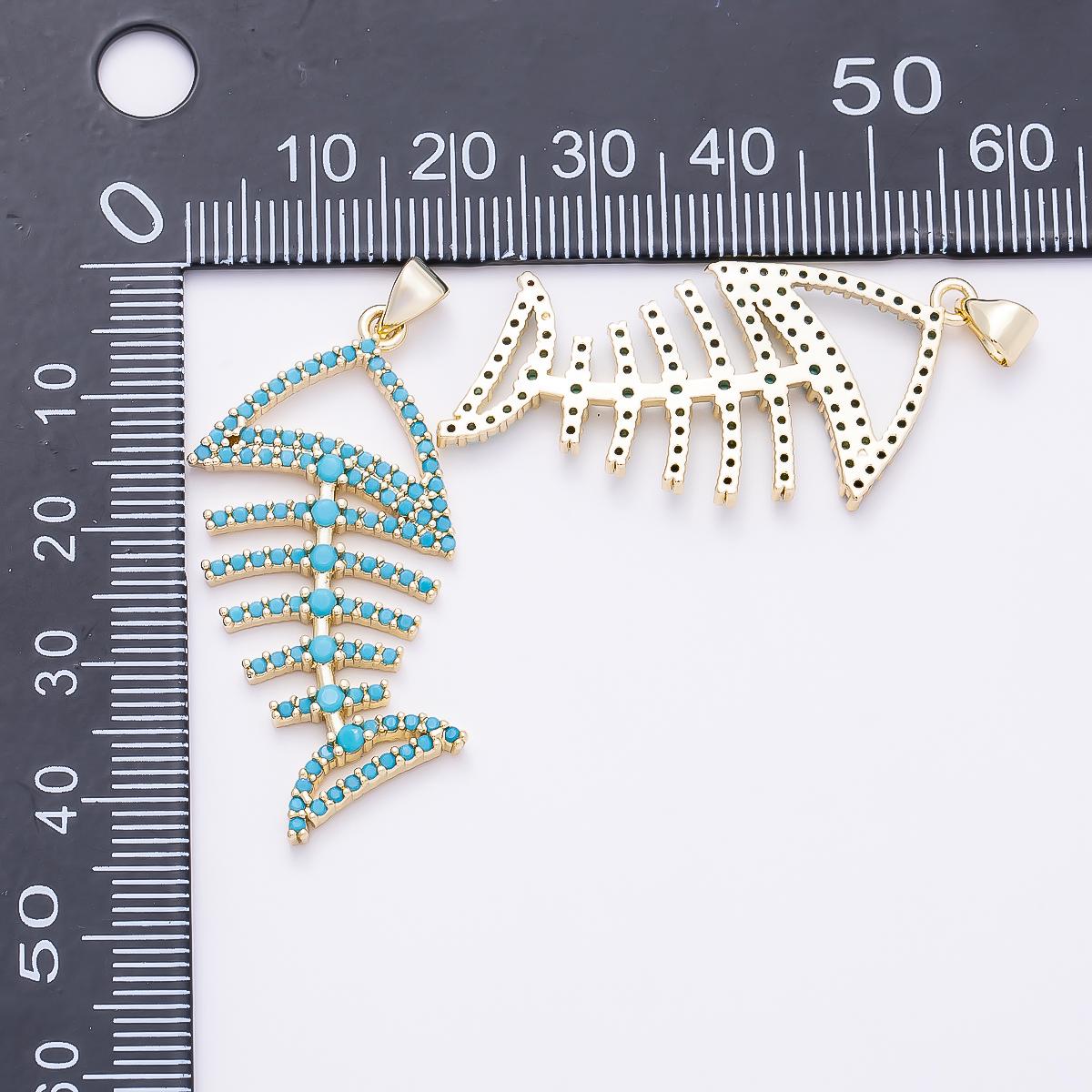14K Gold fish necklace pendant Turquoise CZ Fish bone charm for statement necklace Charms-1313
