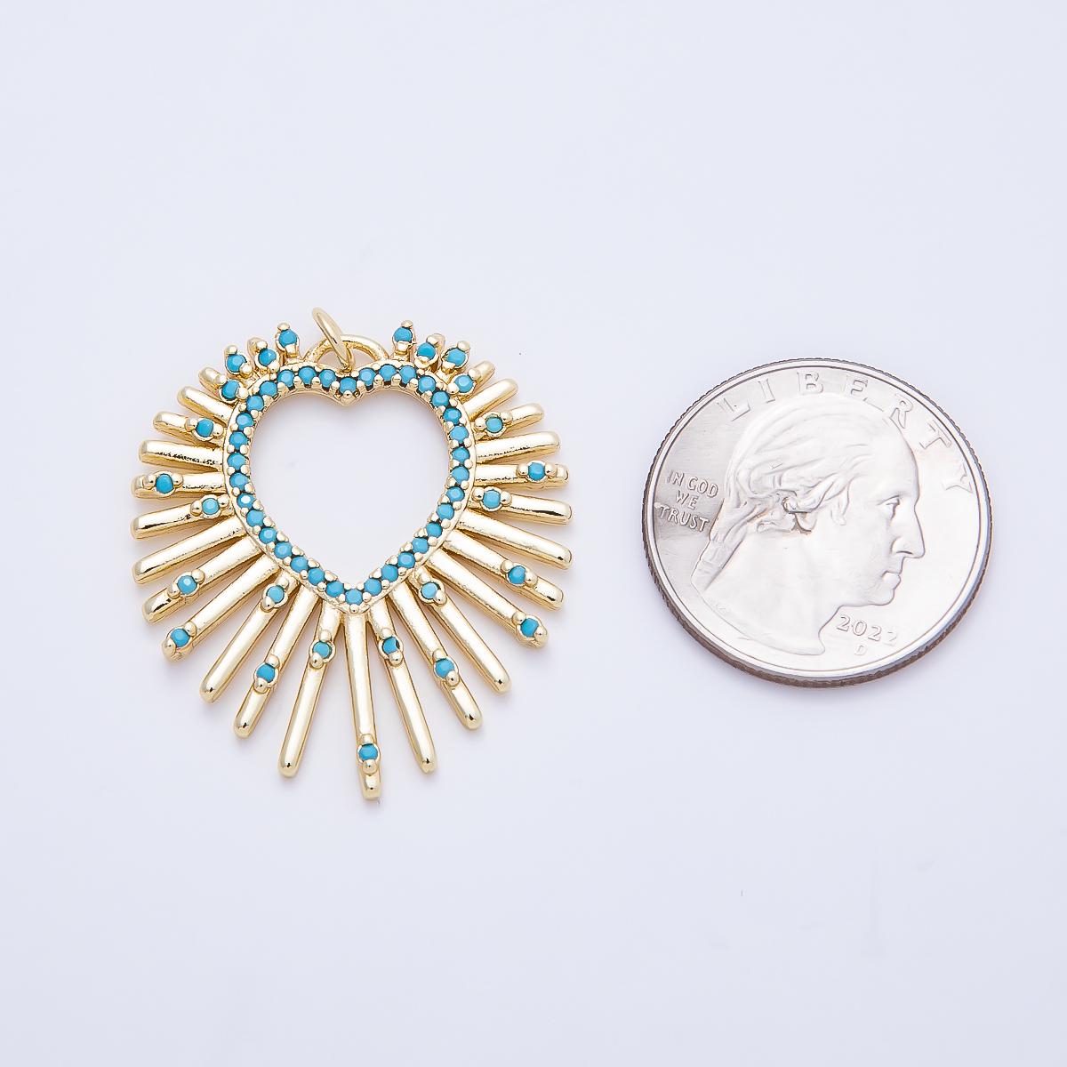 16K Gold Filled 34.7mm Turquoise Sunburst Open Heart Charm Vibrant Sunray Pendant DIY Jewelry Making Supply Gift for her | CHARMS-1253