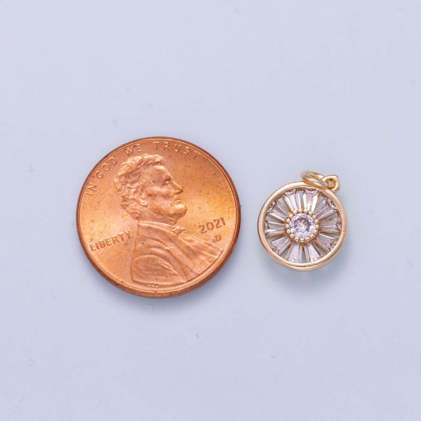 16K Gold Filled 12mm Baguette Round CZ Bezel Mini Charm Wheel Pendant Clear Medallion Layering Necklace Jewelry Supply | Charms-01045