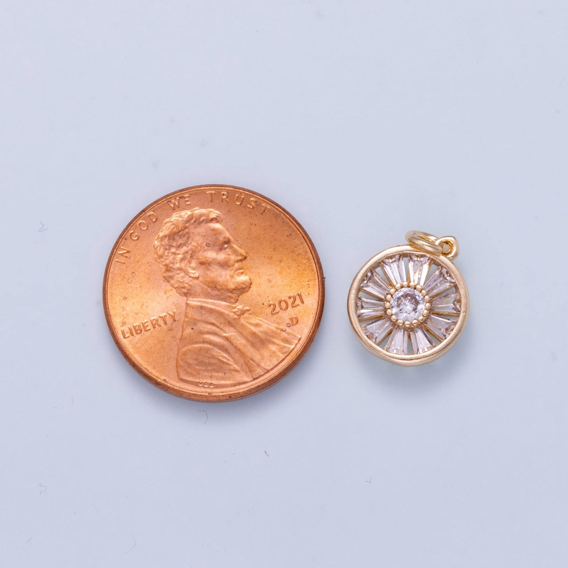 16K Gold Filled 12mm Baguette Round CZ Bezel Mini Charm Wheel Pendant Clear Medallion Layering Necklace Jewelry Supply | Charms-01045