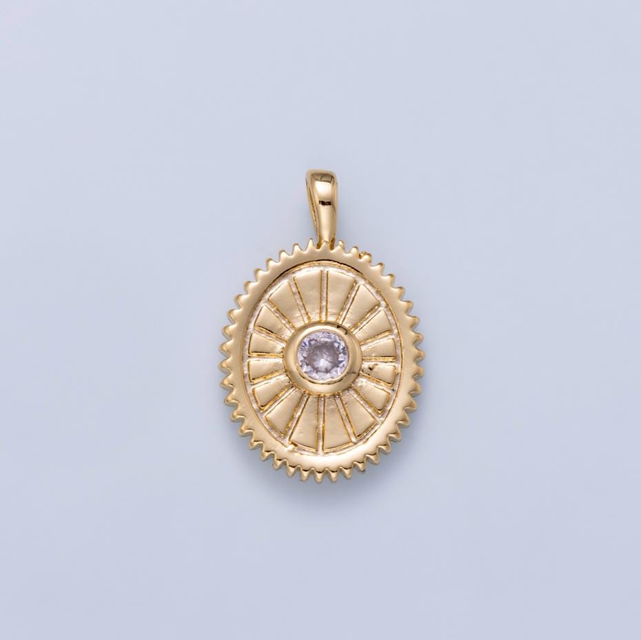 16K Gold Filled 21mm Clear CZ Geometric Lined Textured Sunburst Oval Pendant Layering Necklace Earring Jewelry DIY Supply | Charms-01046