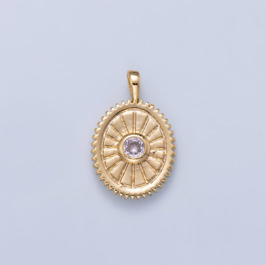 16K Gold Filled 21mm Clear CZ Geometric Lined Textured Sunburst Oval Pendant Layering Necklace Earring Jewelry DIY Supply | Charms-01046