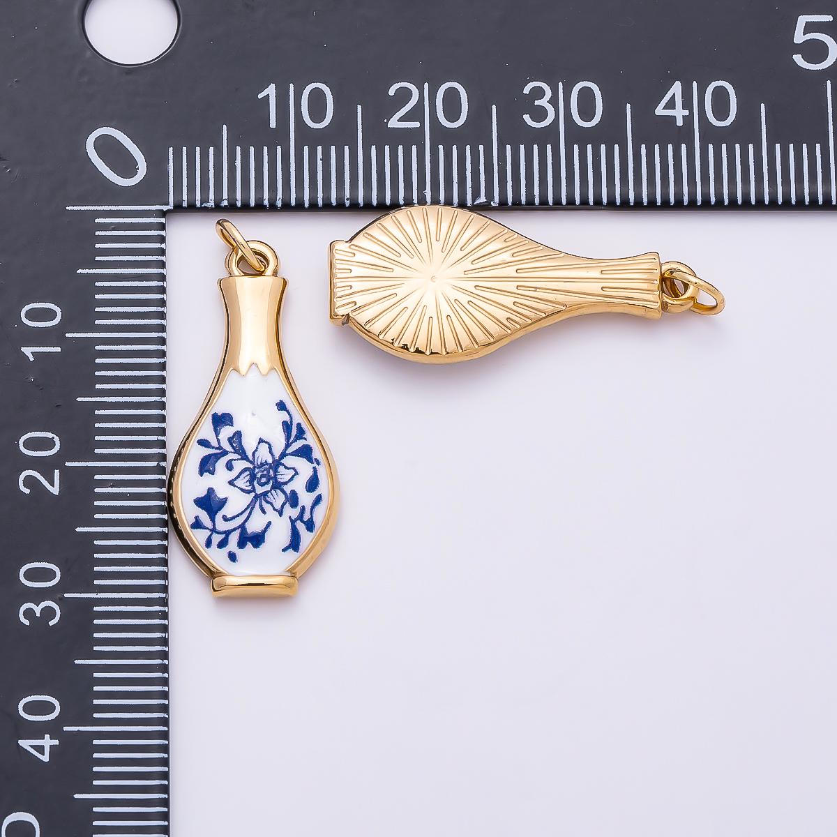 PVD Gold Stainless Steel 27mm Blue White Porcelain Ceramic Vase Charm DIY Vintage Jewelry Making Supplies for Necklace | Charms-01329