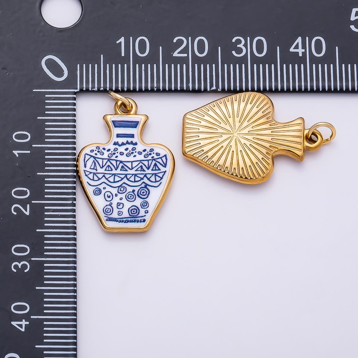 PVD Gold Stainless Steel 24mm Blue White Porcelain Artisan Ceramic Vase Charm DIY Jewelry Making Supply for Vacation | Charms-01330