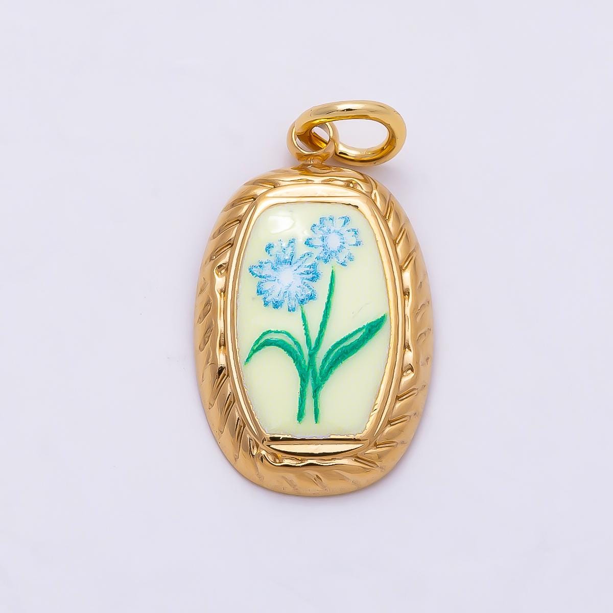 PVD Gold Stainless Steel Yellow, Blue Enamel Flower Ribbed Bezel Oval Charm Vintage Painting Style Pendant DIY Summer Jewelry | Charms-01333