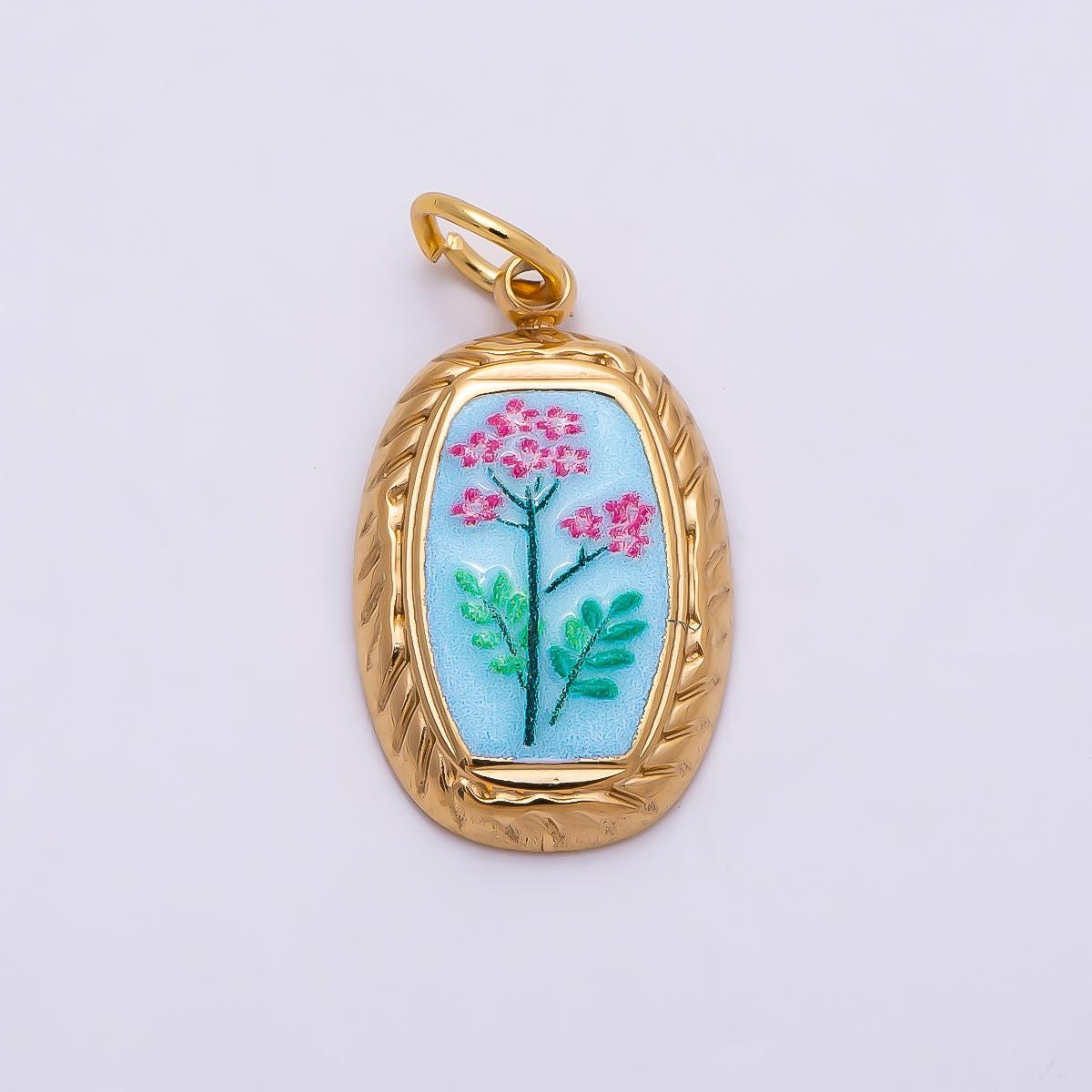 PVD Gold Stainless Steel Yellow, Blue Enamel Flower Ribbed Bezel Oval Charm Vintage Painting Style Pendant DIY Summer Jewelry | Charms-01333