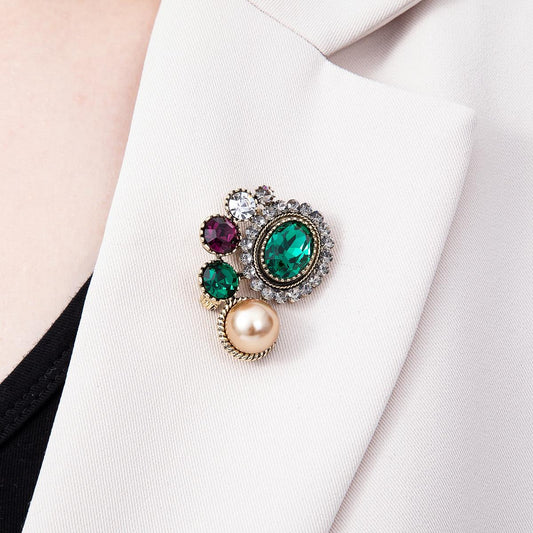 Vintage Gold 39mm Shell Pearl Multicolor Rhinestone Round Oval Pin Brooch Jewelry Statement Retro Gift Accessory for Coats & Bags | BH-00171