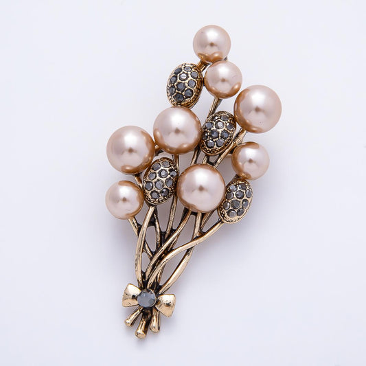 Vintage Gold 65mm Shell Pearl Rhinestone Paved Flower Bouquet Pin Brooch Champagne Floral Cluster Fashion Accessory Coats & Bags | BH-00180