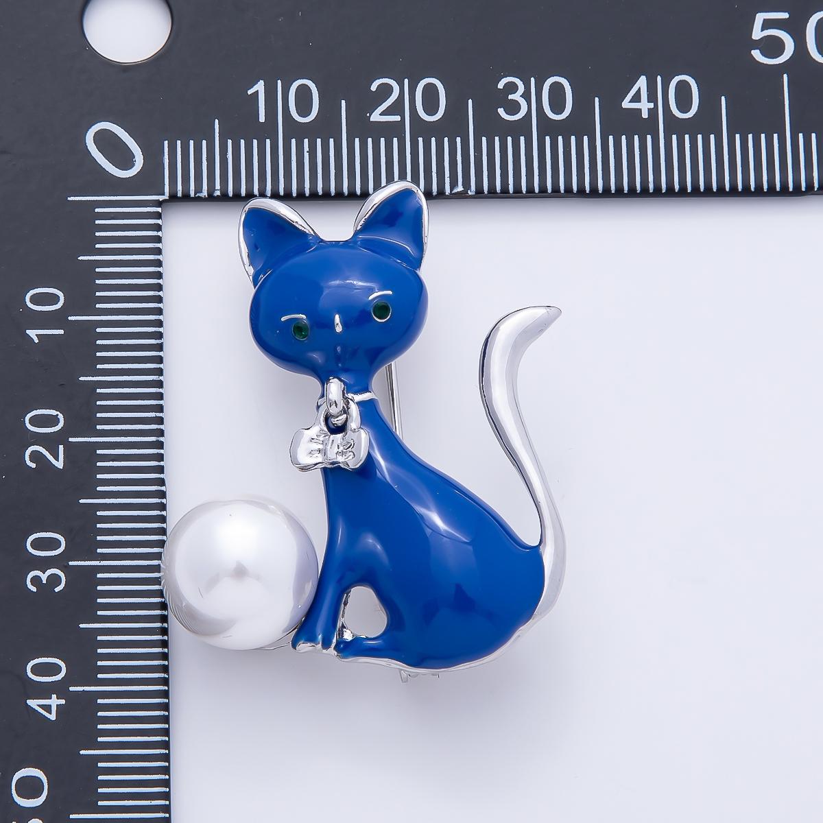 Silver 41mm Round Pearl Cat Kitten Pet Blue Enamel Pin Whimsical Kitty Lover Brooch Accessory for Coats Bags & Scarves | BH-00181