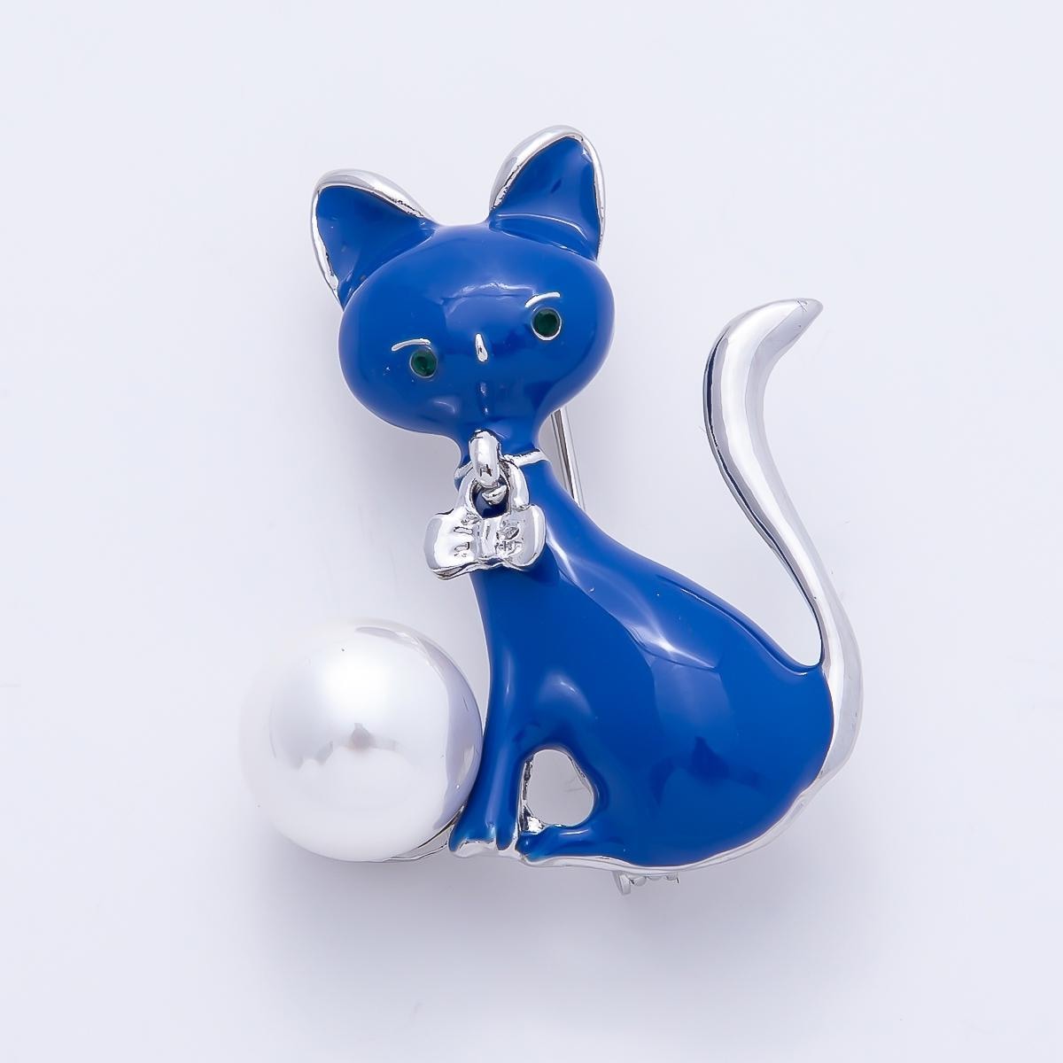 Silver 41mm Round Pearl Cat Kitten Pet Blue Enamel Pin Whimsical Kitty Lover Brooch Accessory for Coats Bags & Scarves | BH-00181