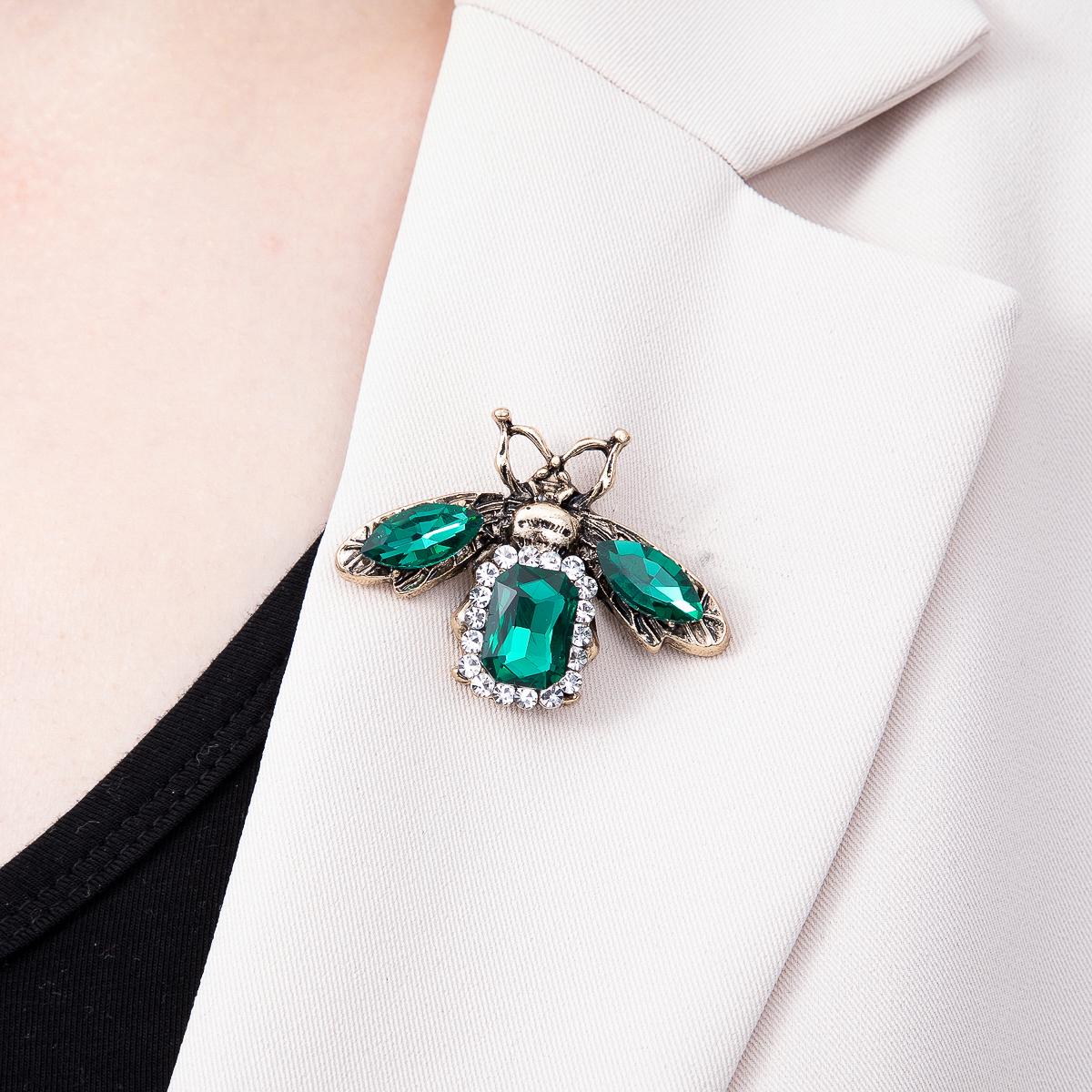Vintage Gold 47mm Green Rhinestone Honey Bee Pin Crystal Insect Bug Brooch Jewelry Statement Gift for Her Fashion Accessory | BH-00182