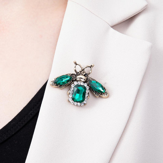Vintage Gold 47mm Green Rhinestone Honey Bee Pin Crystal Insect Bug Brooch Jewelry Statement Gift for Her Fashion Accessory | BH-00182