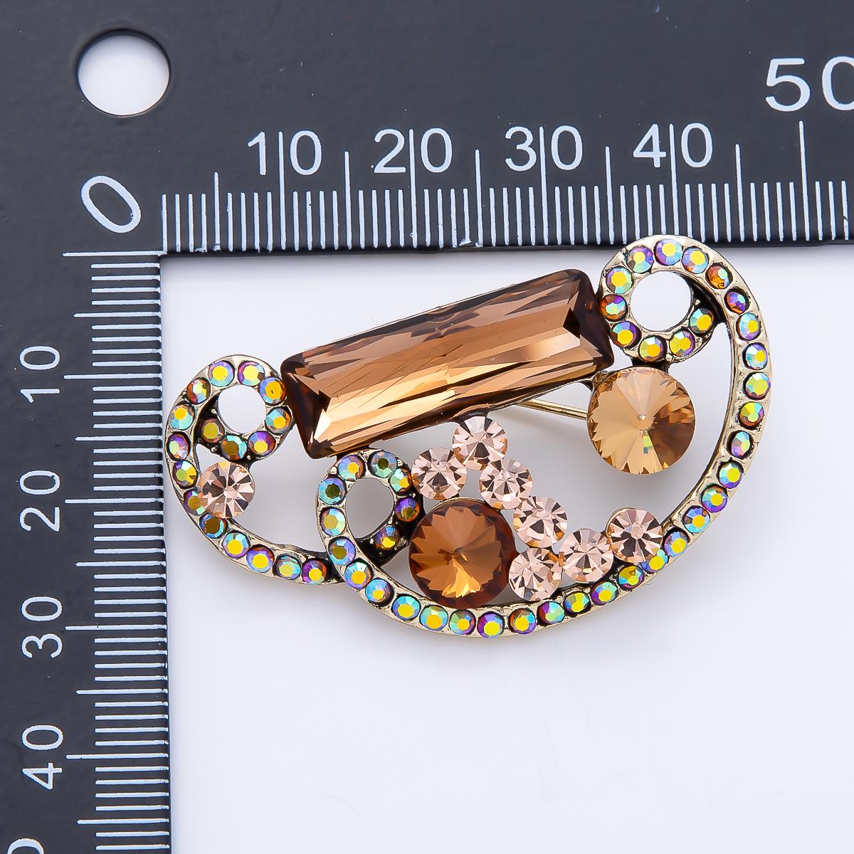 Antique Gold 46mm Brown Baguette AB Round Rhinestone Open Geometric Pin Aurora Art Deco Brooch Elegant Statement Piece | BH-00162