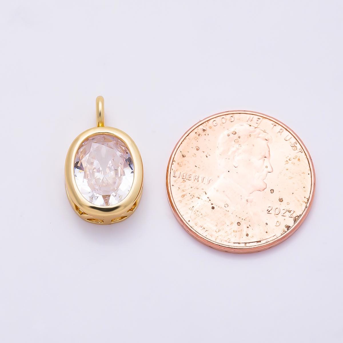 16K Gold Filled 16.5mm Oval CZ Bezel Solitaire Pendant in Gold & Silver Birthstone Drop DIY Necklace Earring Making Supply | Charms-01374