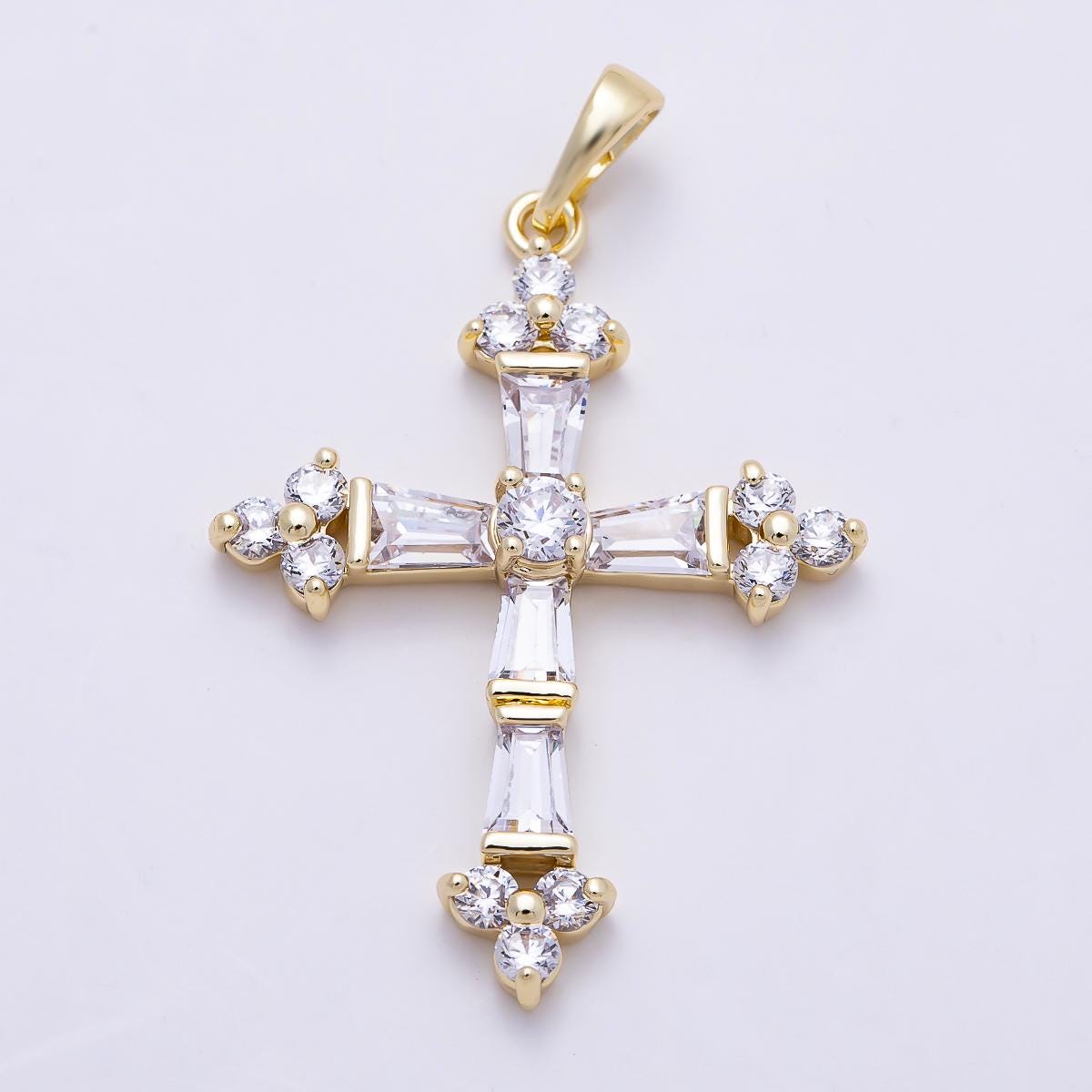 16K Gold Filled 35mm Clear CZ Baguette Micro Paved Religious Cross Pendant Religious DIY Jewelry Necklace Supply Gift for Her | Charms-01380