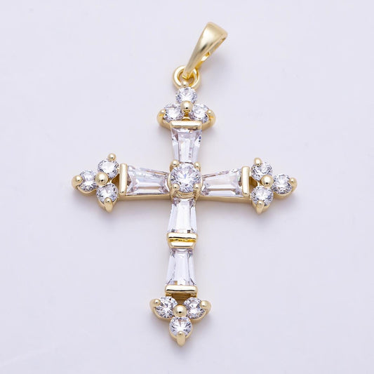16K Gold Filled 35mm Clear CZ Baguette Micro Paved Religious Cross Pendant Religious DIY Jewelry Necklace Supply Gift for Her | Charms-01380