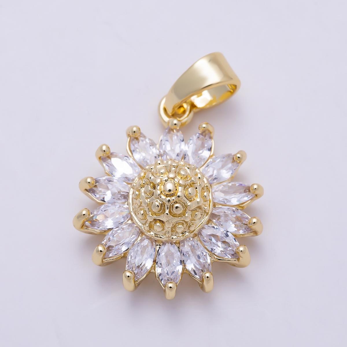16K Gold Filled 21.5mm Clear CZ Sun Flower Pendant Textured Floral Botanical Gift DIY Jewelry Necklace Supply | Charms-01383
