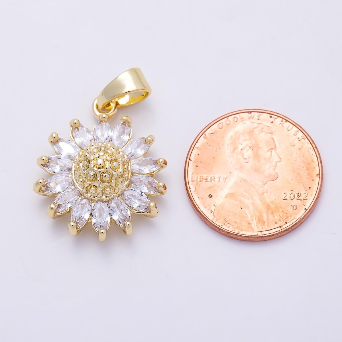 16K Gold Filled 21.5mm Clear CZ Sun Flower Pendant Textured Floral Botanical Gift DIY Jewelry Necklace Supply | Charms-01383