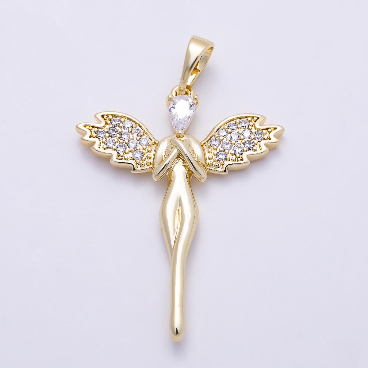 16K Gold Filled 32mm Micro Paved CZ Guardian Angel Religious Pendant Winged Fairy Charm Spiritual Memorial Jewelry Gift | Charms-01392