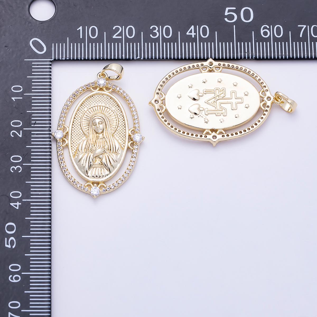 16K Gold Filled 36mm Clear Micro Paved CZ Virgin Mary Oval Religious Pendant | Charms-01395