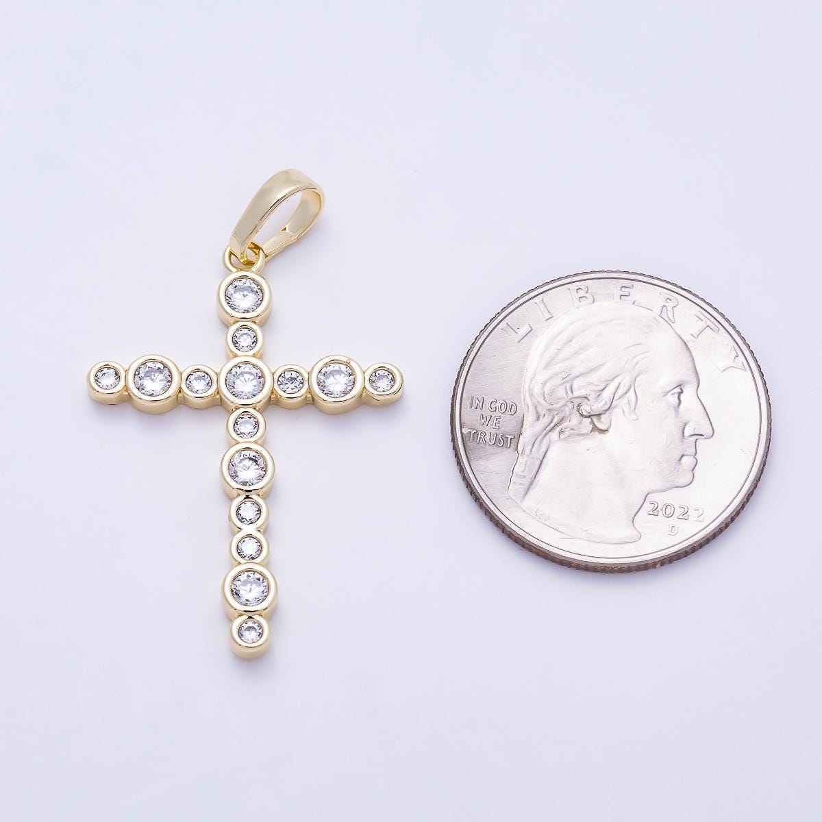 16K Gold Filled 33mm Clear CZ Round Bezel Cross Religious Pendant Dainty Christian Faith Charm Graduation Baptism Gift for Her| Charms-01402