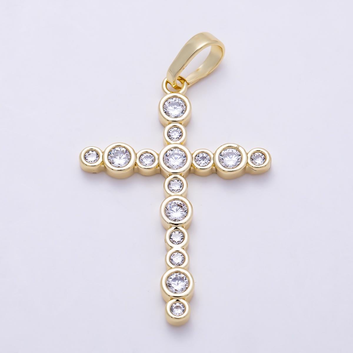 16K Gold Filled 33mm Clear CZ Round Bezel Cross Religious Pendant Dainty Christian Faith Charm Graduation Baptism Gift for Her| Charms-01402