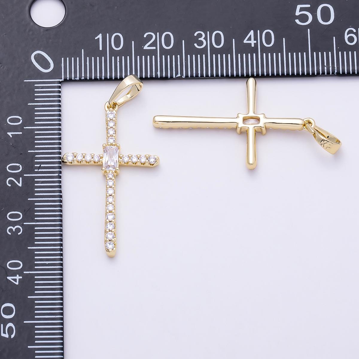 16K Gold Filled 32mm Clear Baguette Micro Paved CZ Cross Religious Pendant Christian Faith Baptism Gift for Her Jewelry Supply| Charms-01403