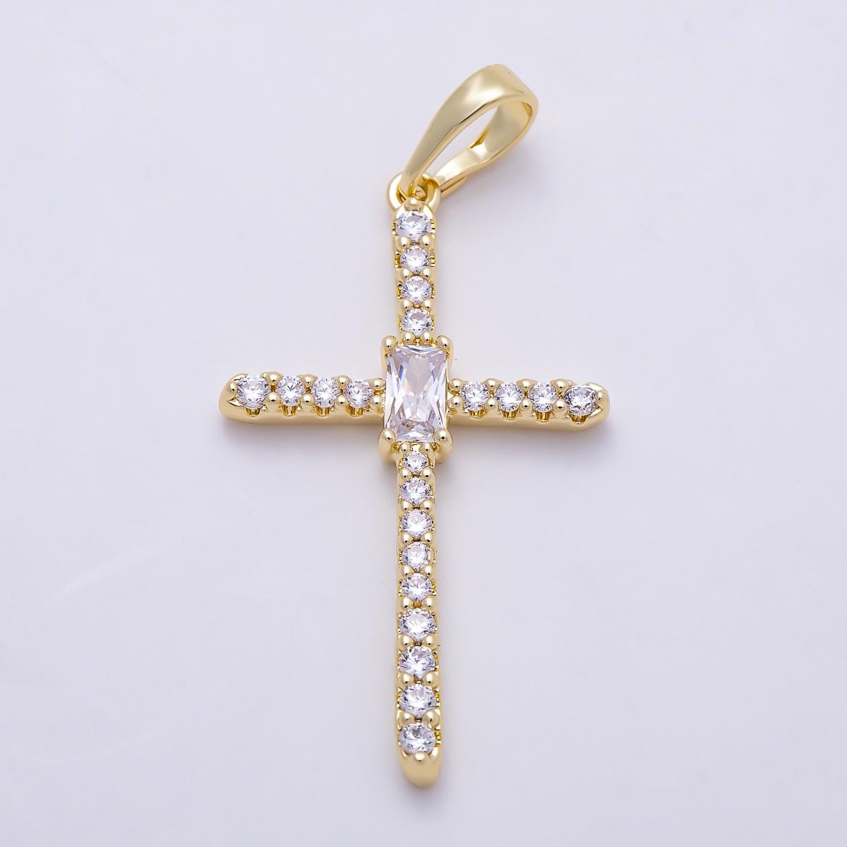 16K Gold Filled 32mm Clear Baguette Micro Paved CZ Cross Religious Pendant Christian Faith Baptism Gift for Her Jewelry Supply| Charms-01403