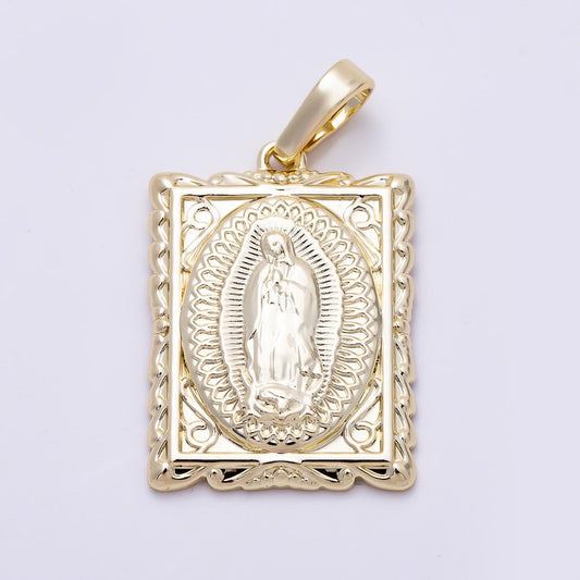 16K Gold Filled 25mm Mother Mary Religious Rectangular Tag Pendant Catholic Protection Jewelry Gift for Her | Charms-01404