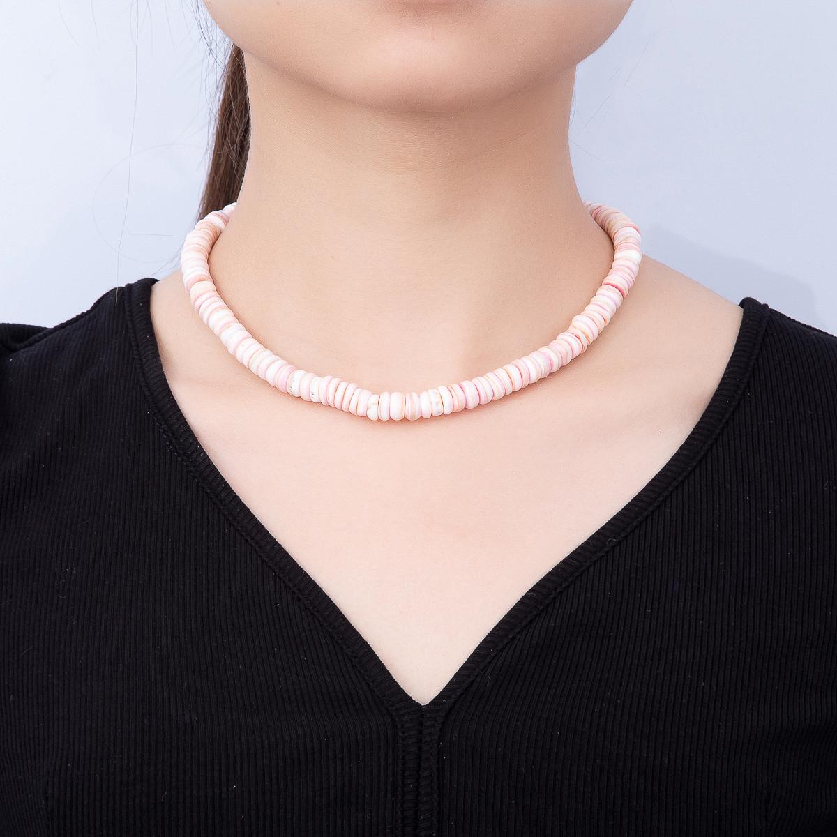 SUMMER 18K Gold Filled 9mm Pink Shell Heishi Rondelle Gemstone Chain 16 Inch Necklace w. Extender Beach Boho Jewelry Gift for Her | WA-00398