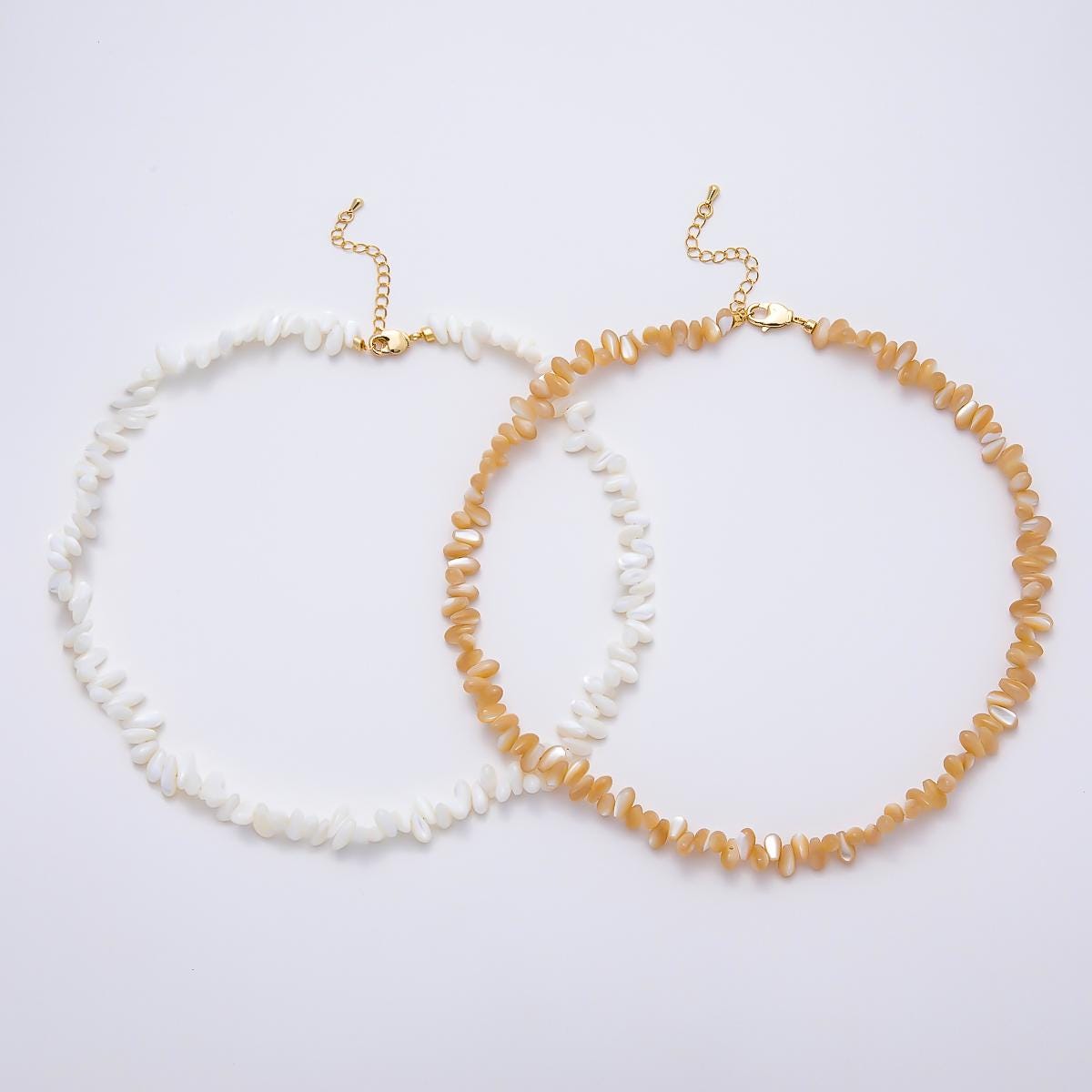 18K Gold Filled 7.5mm Yellow, White Shell Pearl Pebble Gemstone Chain 16.5 Inch Necklace Beach Boho Summer Jewelry Gift for Her | WA-00400