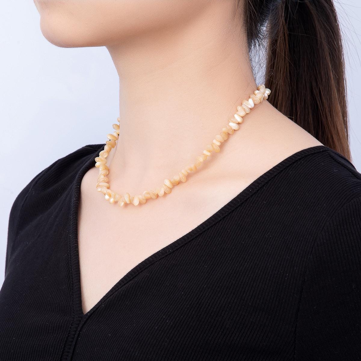 18K Gold Filled 7.5mm Yellow, White Shell Pearl Pebble Gemstone Chain 16.5 Inch Necklace Beach Boho Summer Jewelry Gift for Her | WA-00400