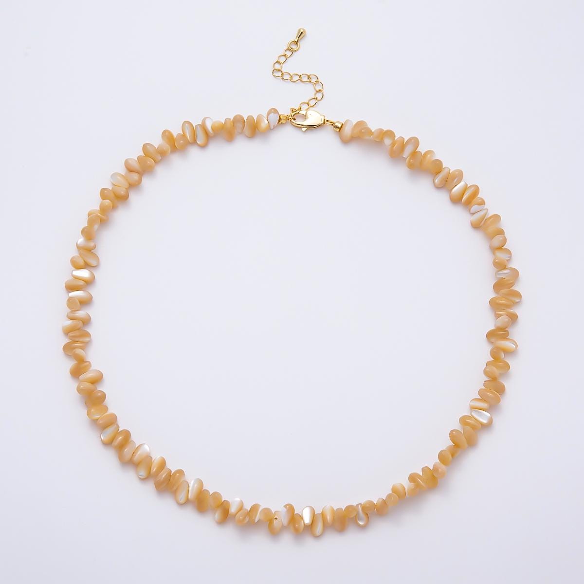 18K Gold Filled 7.5mm Yellow, White Shell Pearl Pebble Gemstone Chain 16.5 Inch Necklace Beach Boho Summer Jewelry Gift for Her | WA-00400