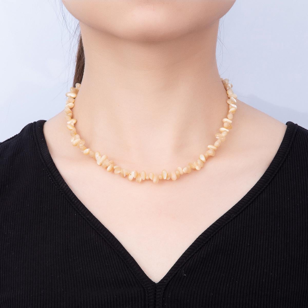 18K Gold Filled 7.5mm Yellow, White Shell Pearl Pebble Gemstone Chain 16.5 Inch Necklace Beach Boho Summer Jewelry Gift for Her | WA-00400