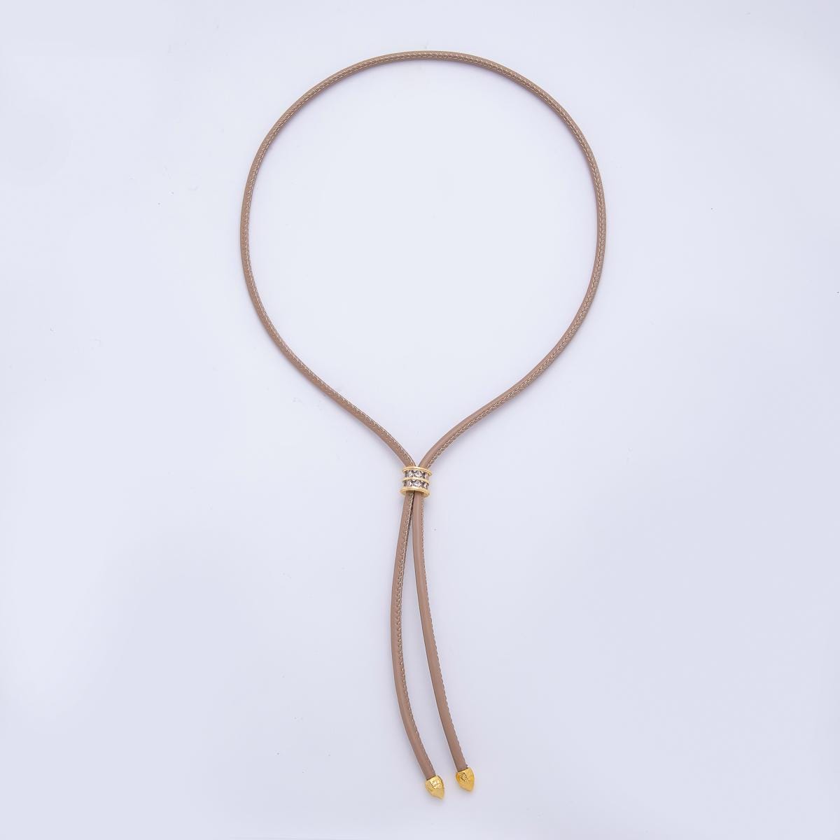 18K Gold Filled 3.3mm Brown, Red Faux Leather Baguette CZ Slide Bolo Chain 24in Necklace Adjustable Slider Cord Bohemian Jewelry | WA-01211
