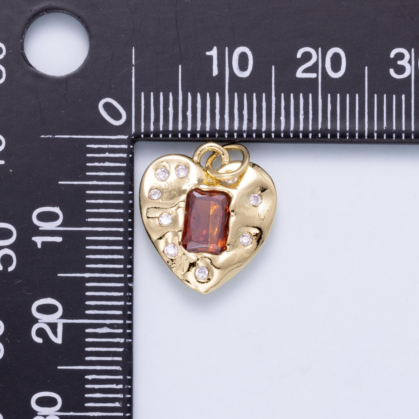 16K Gold Filled 16.5mm Red Baguette CZ Dotted Hammered Heart Charm Pave Starburst Textured Love Pendant for Jewelry Making | Charms-01268