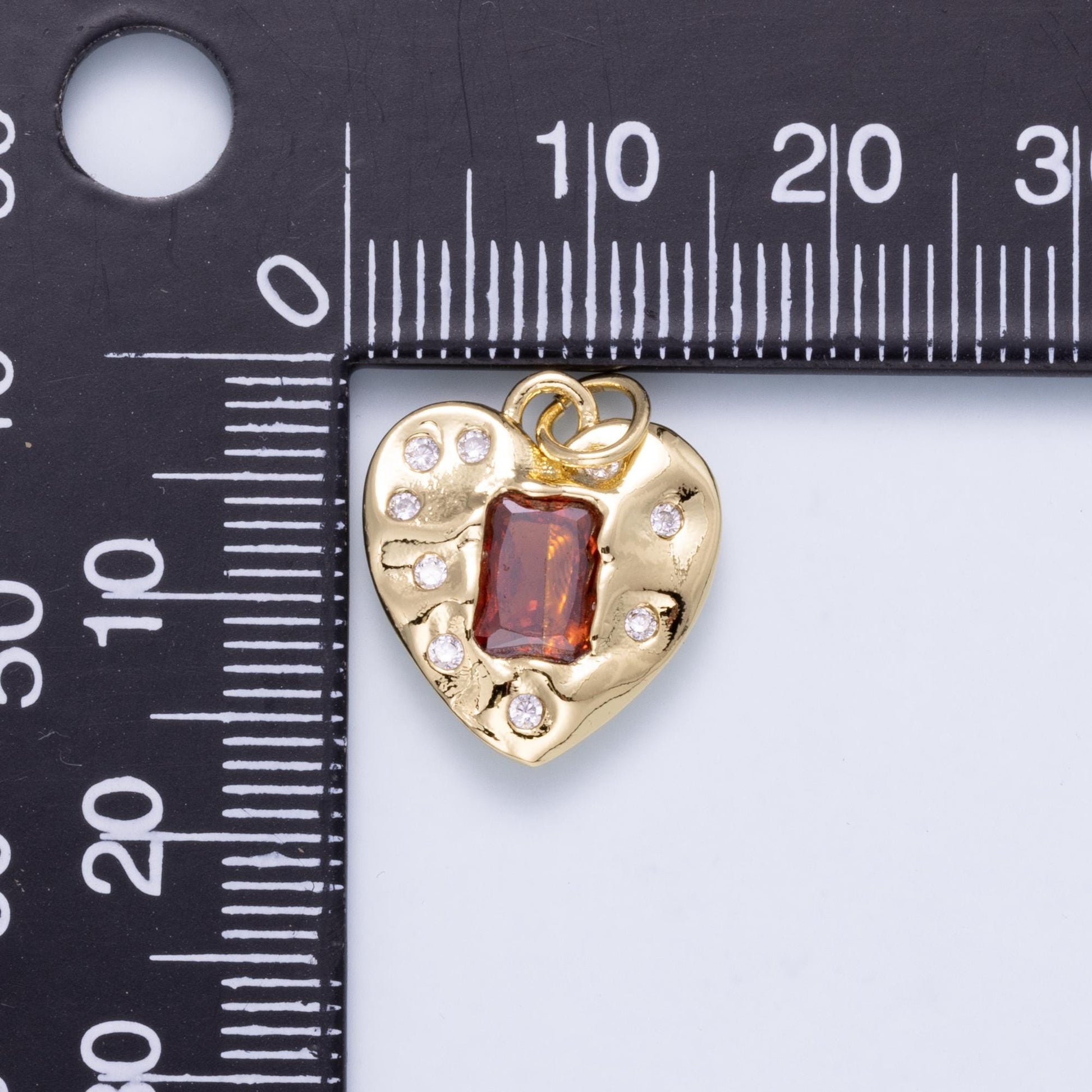 16K Gold Filled 16.5mm Red Baguette CZ Dotted Hammered Heart Charm Pave Starburst Textured Love Pendant for Jewelry Making | Charms-01268