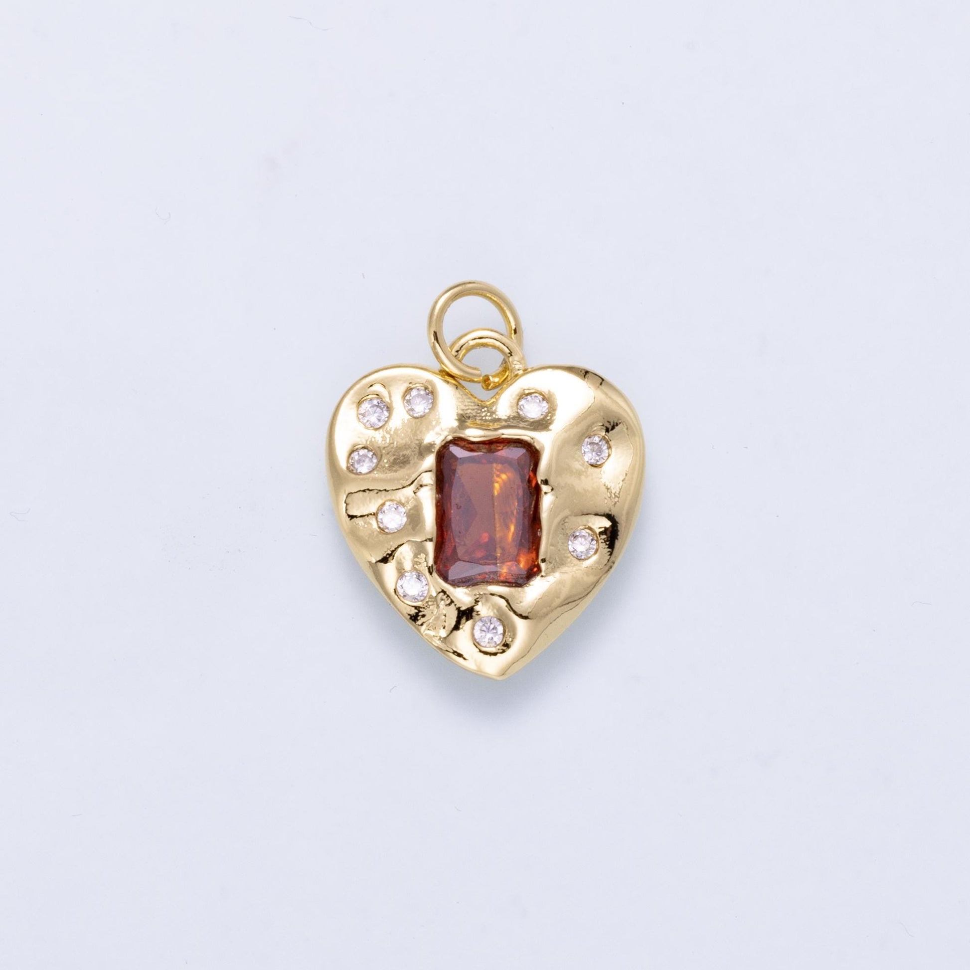 16K Gold Filled 16.5mm Red Baguette CZ Dotted Hammered Heart Charm Pave Starburst Textured Love Pendant for Jewelry Making | Charms-01268