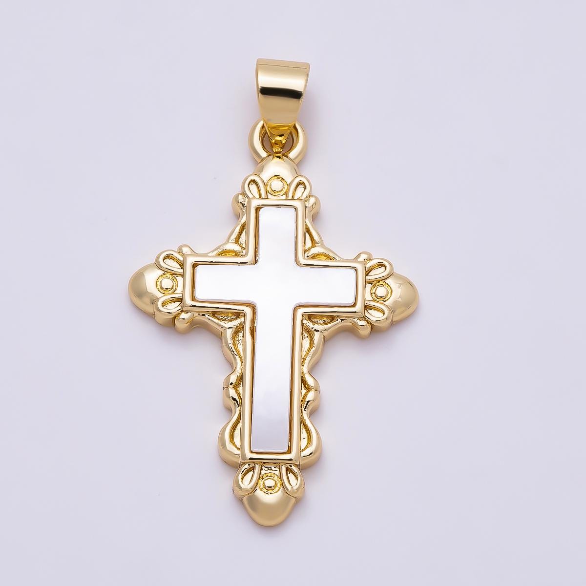 16K Gold Filled 28mm Shell Pearl Artisan Religious Cross Pendant Vintage Catholic Crucifix Necklace Charm DIY Jewelry Supply | Charms-01311