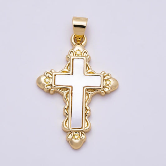 16K Gold Filled 28mm Shell Pearl Artisan Religious Cross Pendant Vintage Catholic Crucifix Necklace Charm DIY Jewelry Supply | Charms-01311