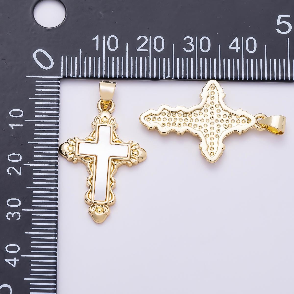 16K Gold Filled 28mm Shell Pearl Artisan Religious Cross Pendant Vintage Catholic Crucifix Necklace Charm DIY Jewelry Supply | Charms-01311