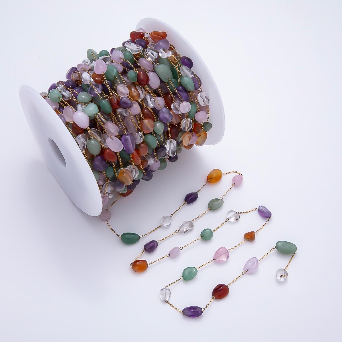 Colorful gemstone beaded chain on PVD Gold Stainless Steel rosary paperclip chain by yard | ROLL-1883